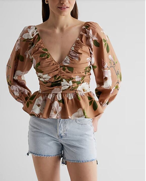 Express Tops - EXPRESS Floral Pleated Peplum Top in Brown Floral Print // XL